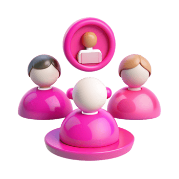3D people with round heads, pink team set, sitting in a meeting, team work on a transparent background. png