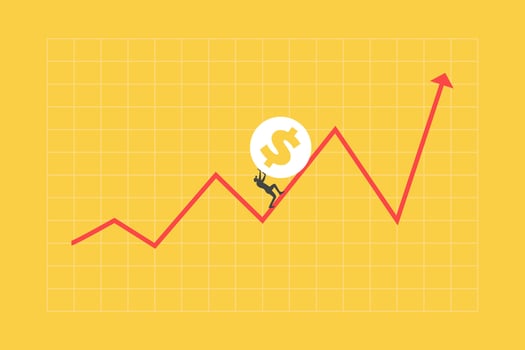 dollar rising up, price increase, currency value growth concept, businessman investor trying hard to push dollar coin up rising up arrow graph and chart vector