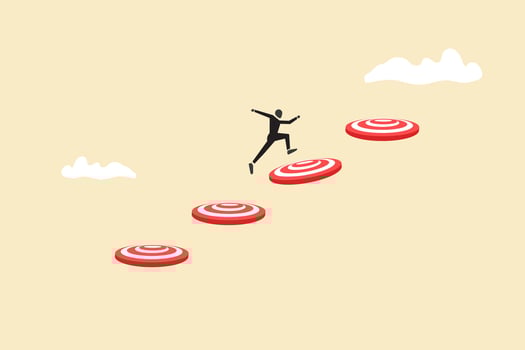 Businessman jumping on bigger target, successfully. advancement in career or business growth concept. Aspiration and motivation. vector