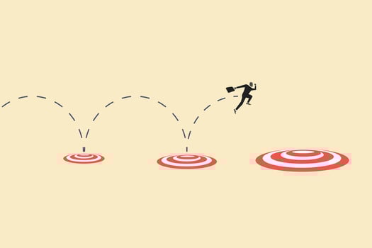 Businessman jumping on bigger target, successfully. concept of goal, achievement, advancement in career or business growth concept. Aspiration and motivation. vector