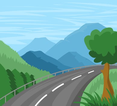 Handrawn roads, forests and mountains nature landscape illustration vector