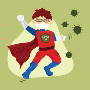 Illustration of male hero flaying against virus.Covid-19 background illustration vector