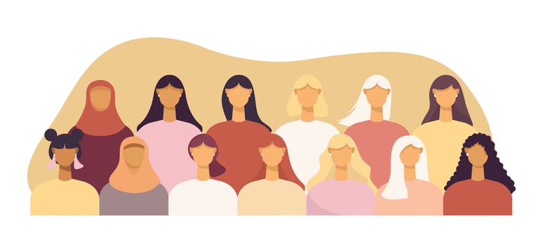 Group of women of different nationalities and cultures, skin colors and hairstyles. Society or population, social diversity. illustration in flat design vector