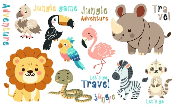 Set of flat illustrations in children's style of savannah animals. Cute rhinoceros lemur lion flamingo toucan vulture vulture snake zebra parrot tiger giraffe leopard cheetah lettering vector
