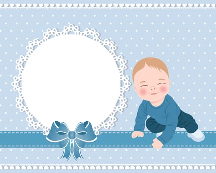 Baby card with a cute baby boy and a lace template with a bow for text. Design for newborns. Illustration vector