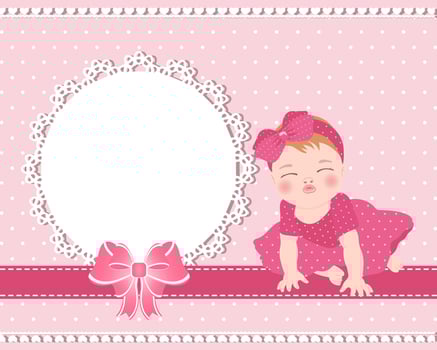 Children's birthday card with a cute baby girl and a lace template with a bow for text. Design for newborns. Illustration vector