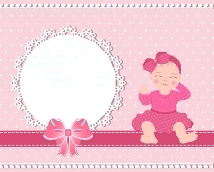 Children's birthday card with a cute baby girl and a lace template with a bow for text. Design for newborns. Illustration vector