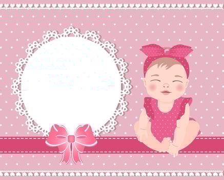 Children's birthday card with a cute baby girl and a lace template with a bow for text. Design for newborns. Illustration vector