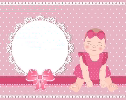 Children's birthday card with a cute baby girl and a lace template with a bow for text. Design for newborns. Illustration vector