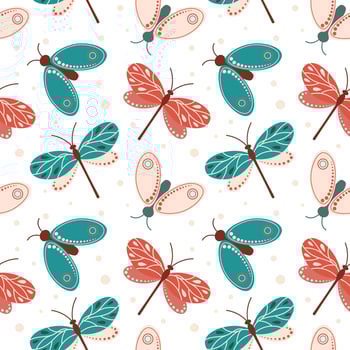 Seamless pattern, butterflies, dragonflies and moths, pastel colors. Background, print, textile vector