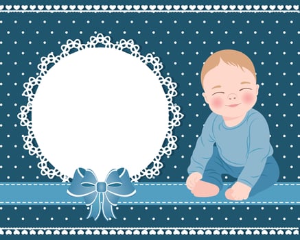Baby card with a cute baby boy and a lace template with a bow for text. Design for newborns. Illustration vector