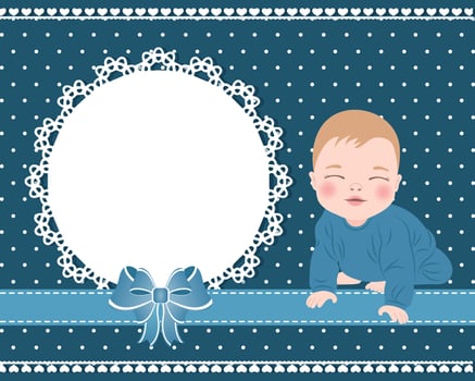 Baby card with a cute baby boy and a lace template with a bow for text. Design for newborns. Illustration vector