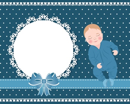Baby card with a cute baby boy and a lace template with a bow for text. Design for newborns. Illustration vector