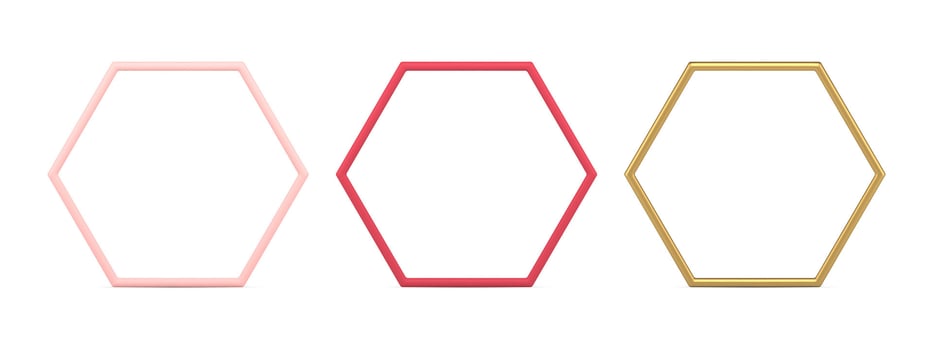 Collection realistic metallic hexagonal shape luxury outline empty frame 3d decorative design vector