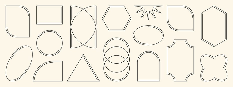 Minimalistic linear frames, arches, elements, geometric shapes and lines. Aesthetic frames for poster design, set in modern style vector