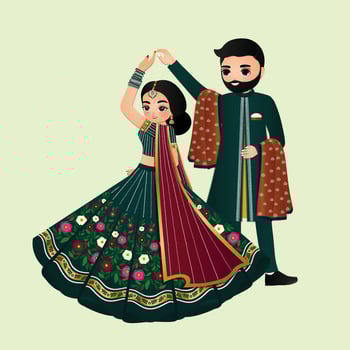 Wedding invitation card the bride and groom cute couple in traditional indian dress cartoon character vector