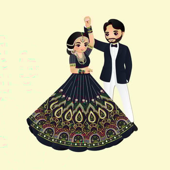 Wedding invitation card the bride and groom cute couple in traditional indian dress cartoon character vector