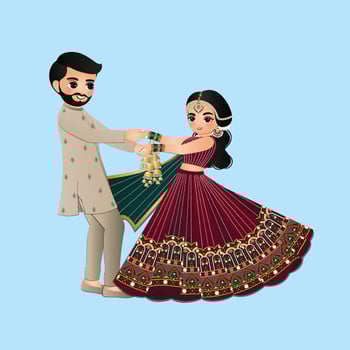 Wedding invitation card the bride and groom cute couple in traditional indian dress cartoon character vector