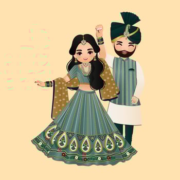 Wedding invitation card the bride and groom cute couple in traditional indian dress cartoon character vector