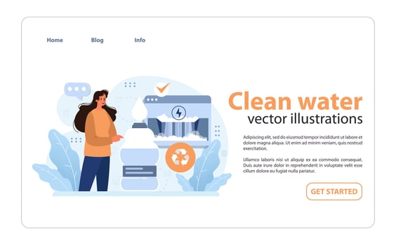 Clean water. Woman pouring clean water from faucet. SDG or sustainable vector