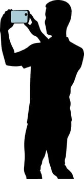 a man taking picture with mobile phone black color silhouette, white background vector