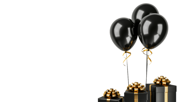 A black ballons and black gift boxes with golden ribbon on the transparent background, Format png