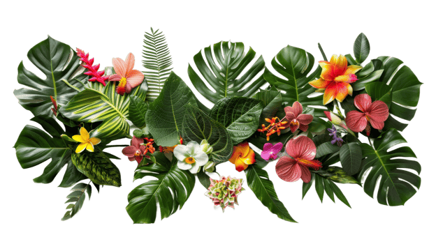 Exotic jungle plants and flowers on the transparent background, Format png