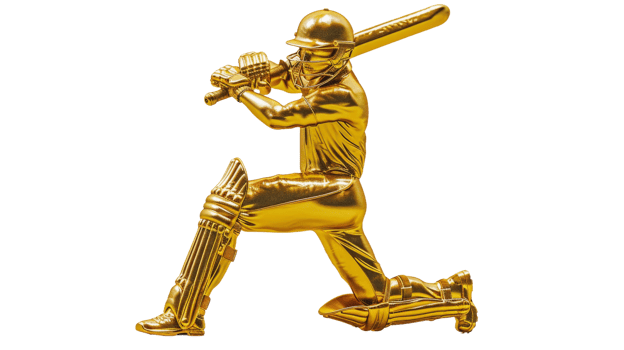 3D SOLID GOLD logo of a cricket trophy, featuring a batsman cricketer on the transparent background, Format png