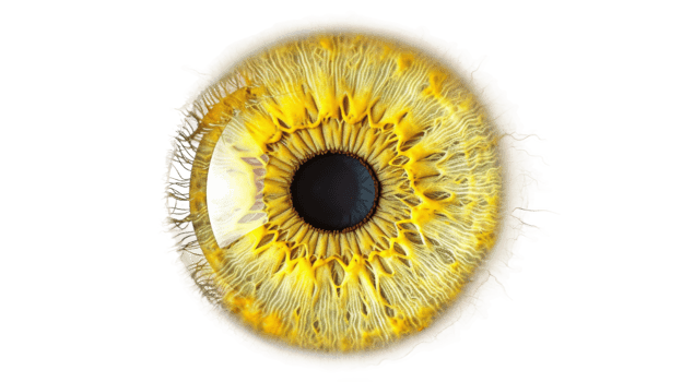A detailed topdown view of an lemon yellow iris eye on the transparent background, Format png