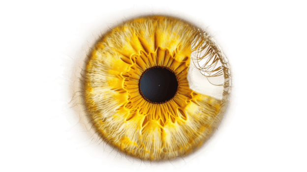 A meticulously detailed top-down view of a lemon yellow iris eye on the transparent background, Format png