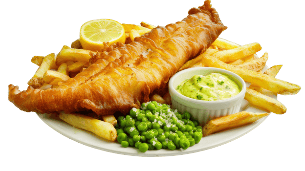 Traditional British fish and chips accompanied by mushy peas and tartar sauce on the transparent background, Format png