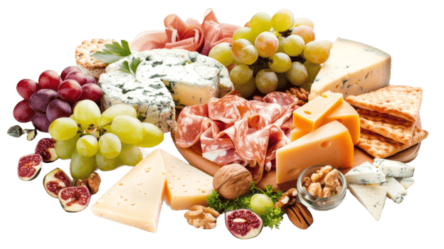 Cheese platter with an assortment of fine cheeses on the transparent background, Format png