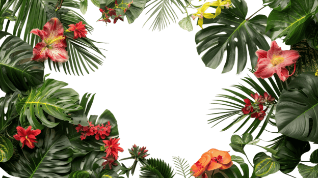 Tropical jungle flora and blooms on the transparent background, Format png