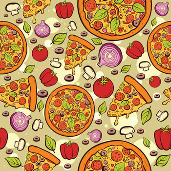 Seamless pattern with pizzas and pizza slices with leaves, onions, tomatoes, salami and mushrooms. Doodles with fast food snack and vegetables vector