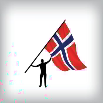 A man holds the flag of NORWAY in the air. National day realistic flag illustration. vector