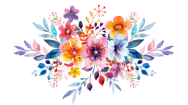 Floral mandala design incorporating spring flowers on the transparent background, Format png