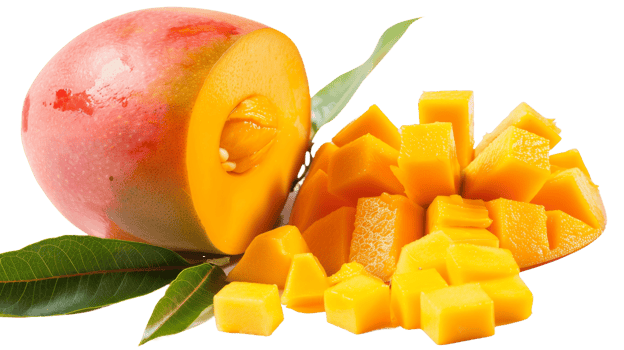 Mango, half of a mango with cubes and leaves on the transparent background, Format png