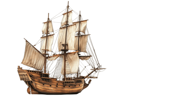 Sailing old pirate ship made with wood on the transparent background, Format png