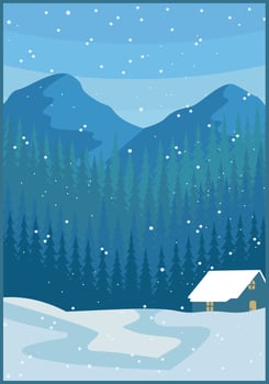 Cabin vintage poster pine tree mountain scenery forest in the snow background illustration design vector