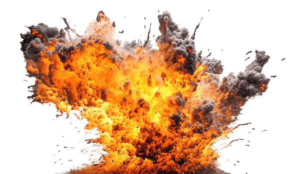 Powerful explosion with flying fragments and black smoke. Transparent background png