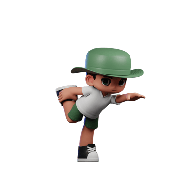 3d Cartoon Character in a Green Hat and White Shirt Standing One Leg Pose png