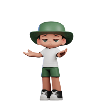 3d Cartoon Character in a Green Hat and White Shirt Confused Pose png