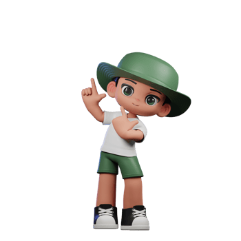 3d Cartoon Character in a Green Hat and White Shirt Pointing Up Pose png
