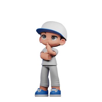 3d Cartoon Boy with a Baseball Cap and Gray Pants Thinking Deeply Pose png