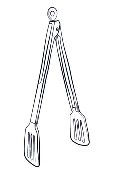 black and white drawing of barbecue tongs illustration vector