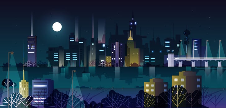 Urban landscape or cityscape with modern buildings and skyscrapers illuminated by street lights at night. City skyline against dark sky with Moon and stars on background. illustration. vector