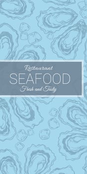 Oyster shell menu cover template for oysters bar, seafood farm or restaurant. illustration in sketch style, line art, graphic, engraving imitation vector
