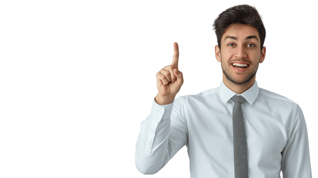 A young businessman pointing upward with his forefinger as if presenting a new idea on a transparent background. png