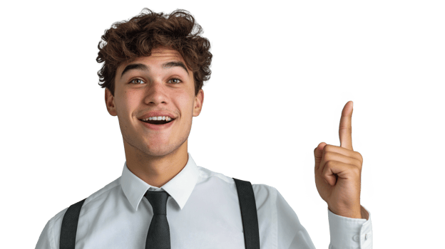 A young businessman pointing upward with his forefinger as if presenting a new idea on a transparent background. png