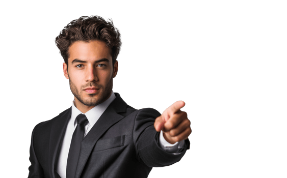 A young businessman in a sharp suit confidently pointing forward with his forefinger on a transparent background. png